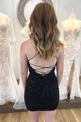 Black Homecoming Dress Spaghetti Straps Sequin Backless Tight Prom Dress